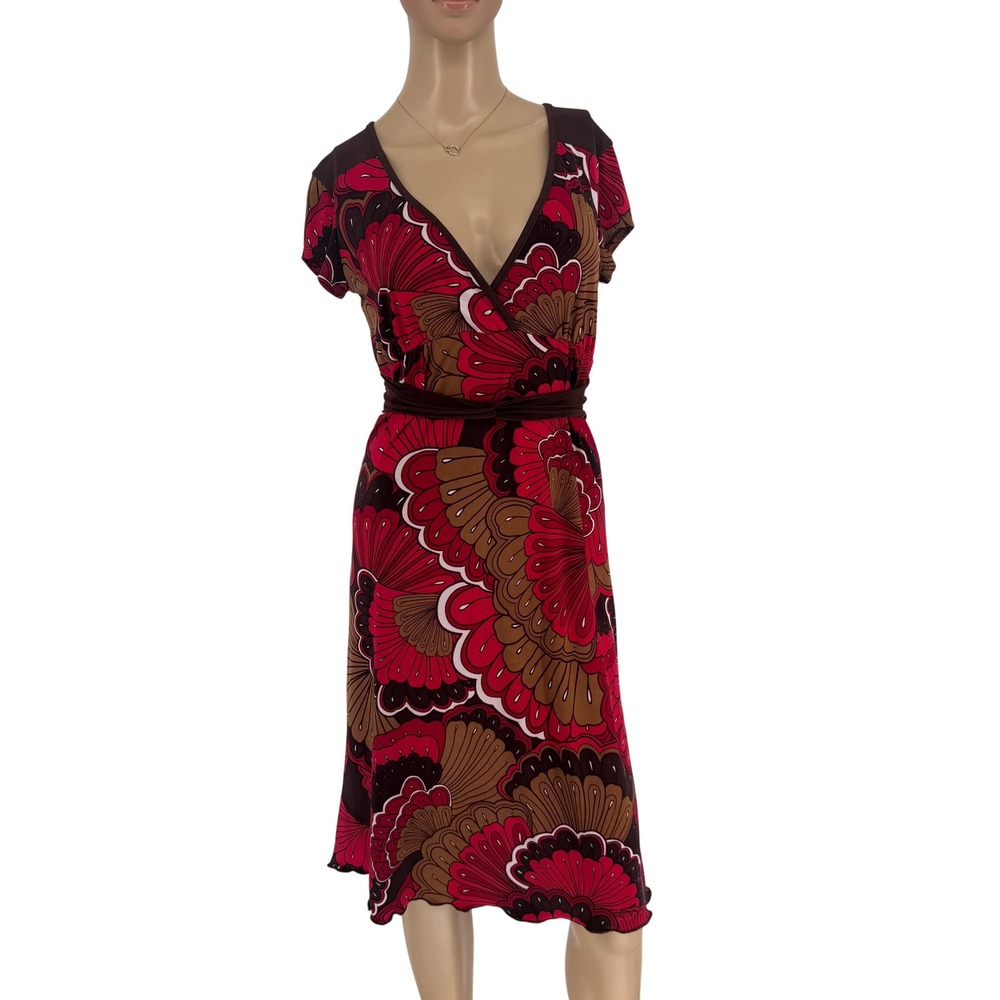Volume One Red Brown Psychedelic Floral V-Neck Faux Wrap Dress Size M Y2K Retro